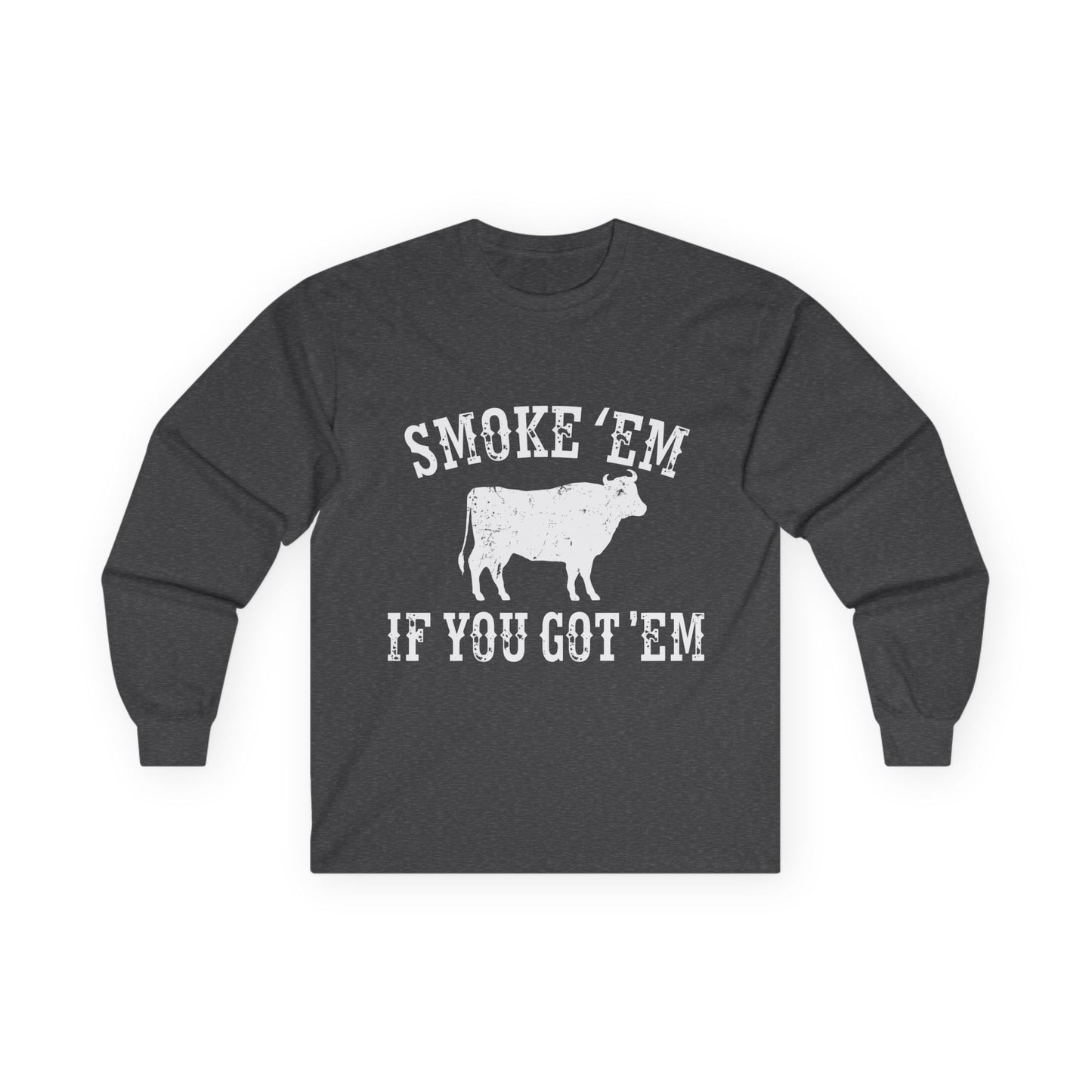 Texas 'Smoke 'Em If You Get 'Em' Vintage Cattle BBQ Graphic Long Sleeve Tee