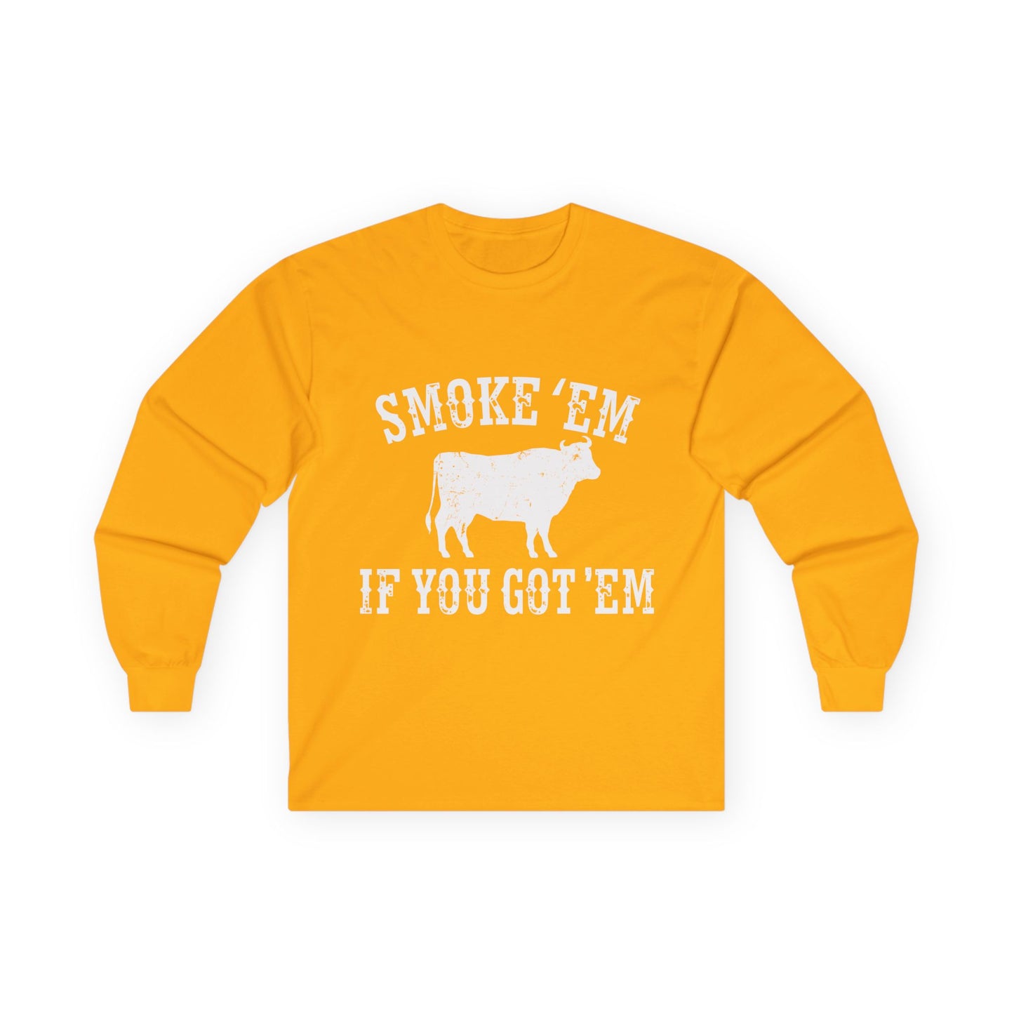 Texas 'Smoke 'Em If You Get 'Em' Vintage Cattle BBQ Graphic Long Sleeve Tee