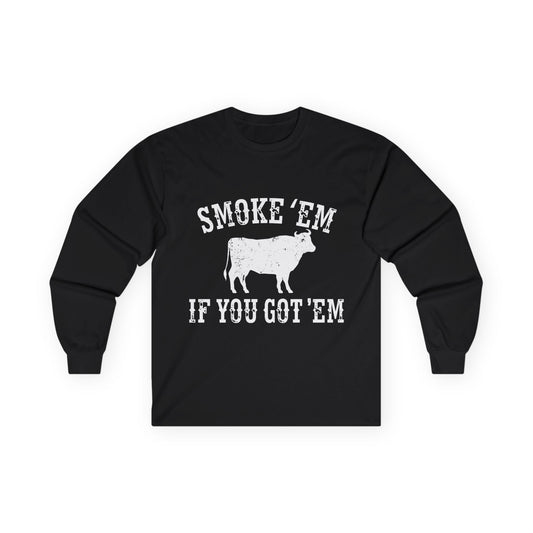 Texas 'Smoke 'Em If You Get 'Em' Vintage Cattle BBQ Graphic Long Sleeve Tee